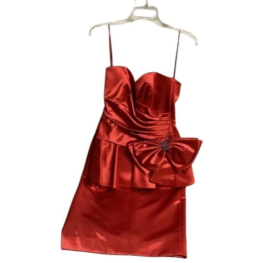 A.J Bari Vibrant Red Satin Bow Embellished Peplum Cocktail dress sz 6 worn once